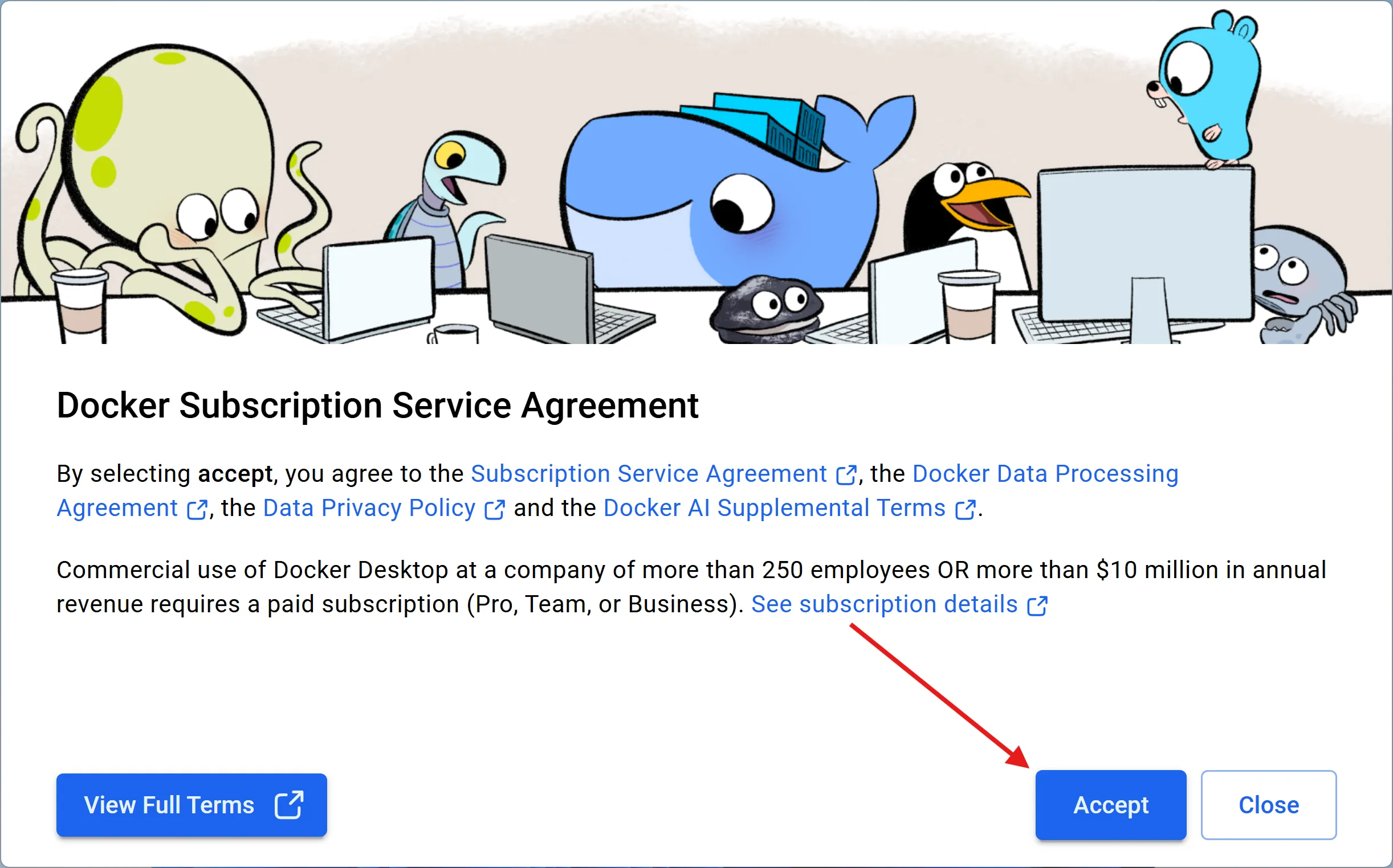 Docker Desktop利用規約（Docker Subscription Service Agreement）の同意画面。「Accept」ボタンが示されている
