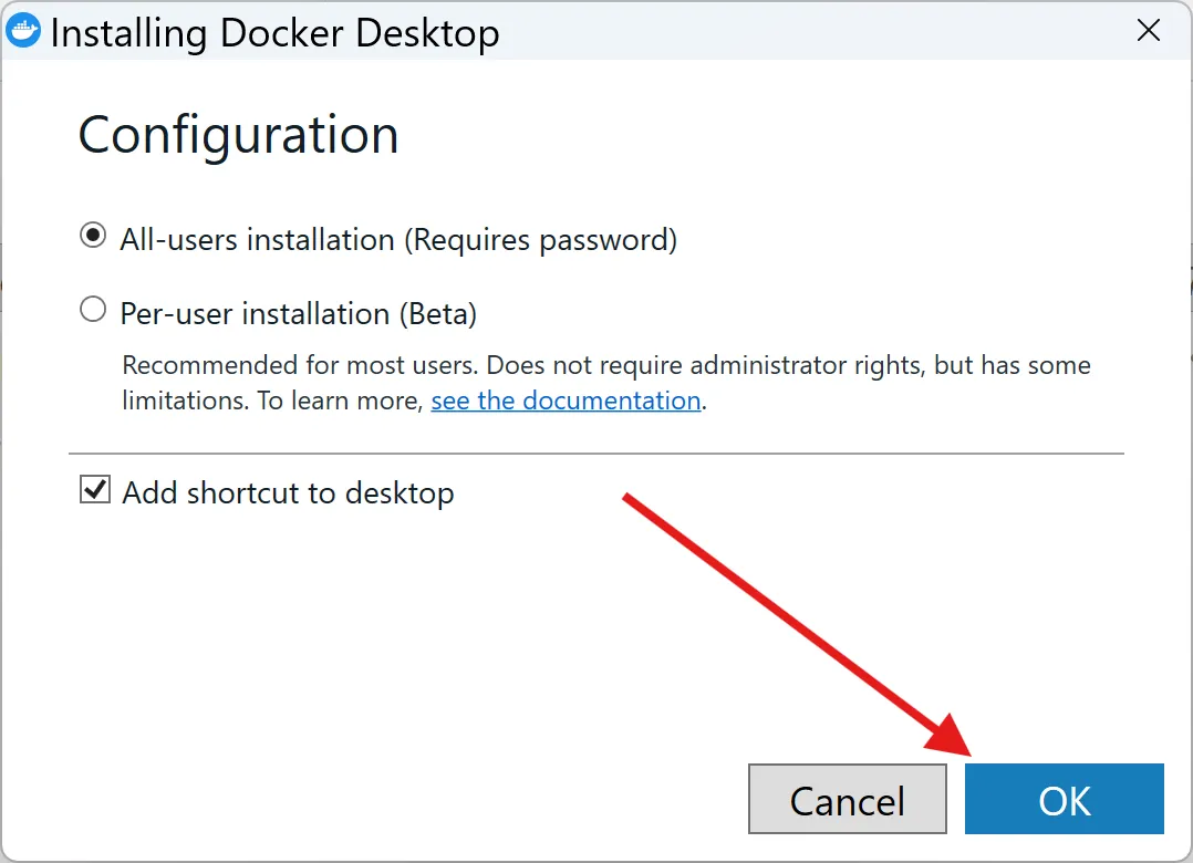 Docker Desktopインストーラの設定画面。「All-users installation」が選択されOKボタンが示されている