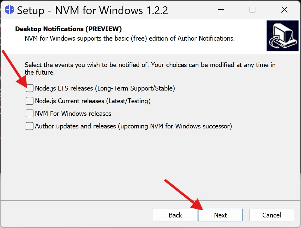 NVMのデスクトップ通知設定画面。チェックボックスがすべてオフになっている